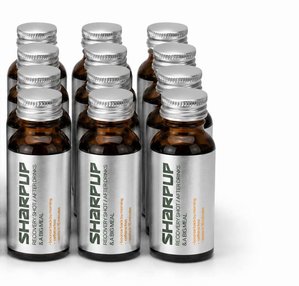 Rows of SharpUp recovery shot bottles
